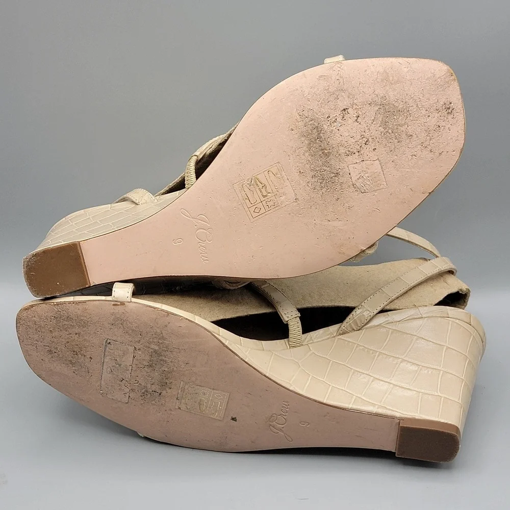 J.Crew Womens Beige Croc Embossed Leather T-Strap Wedge Sandals‎ Size 9